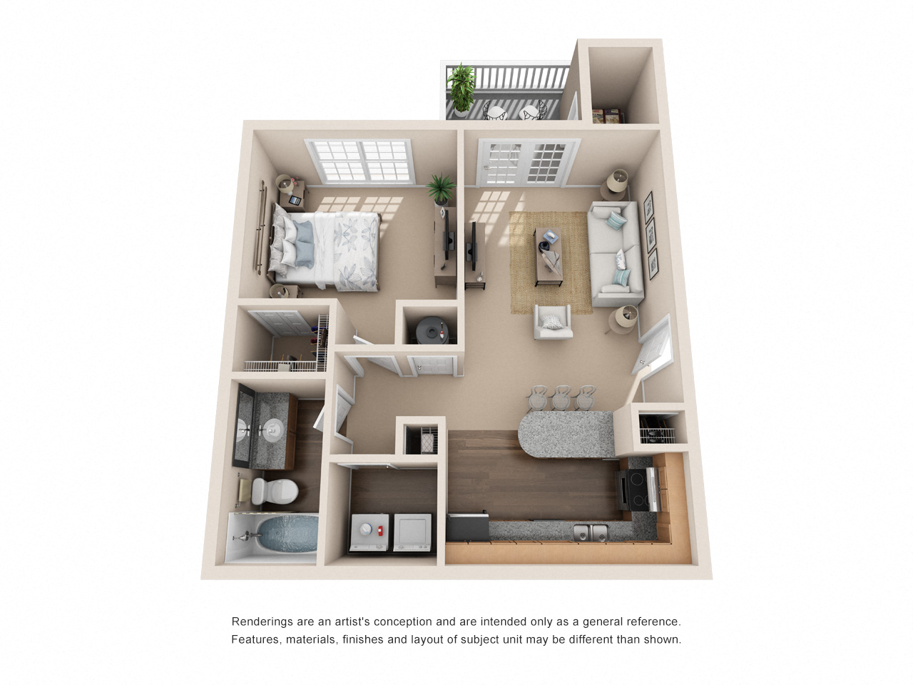 Floor plan for 1 bed, 1 bath, 750 sqft